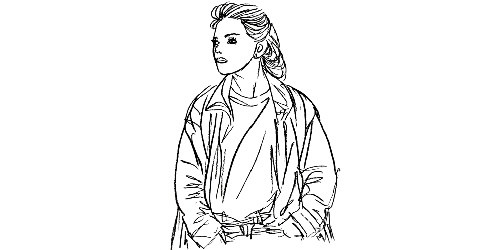 Line art — woman standing strong with wind in hair