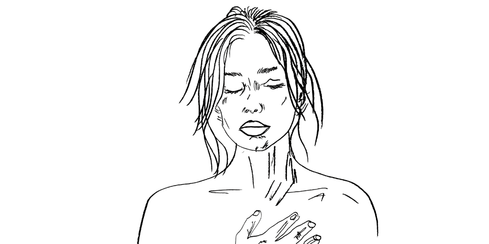 Line art — person with hand over mouth, shadow of light breaking free