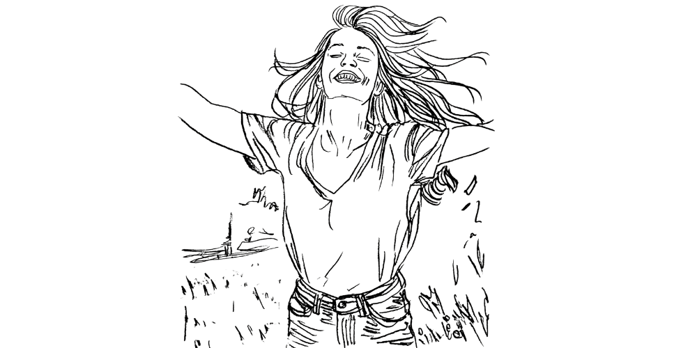 Line art — woman dancing freely under open sky