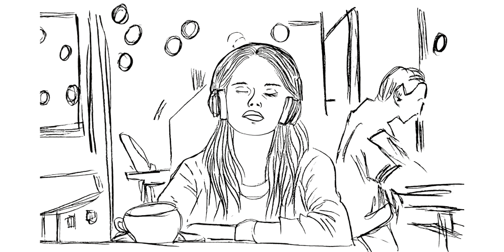 Drawing — person walking peacefully while surrounded by loud sounds