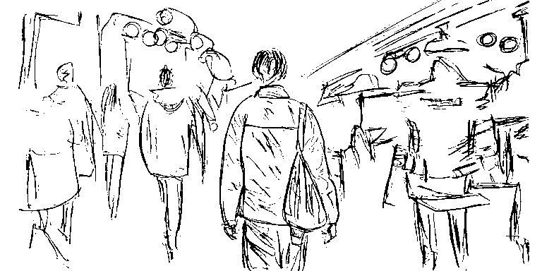 Line art — person walking calmly in a crowded street with noise around.
