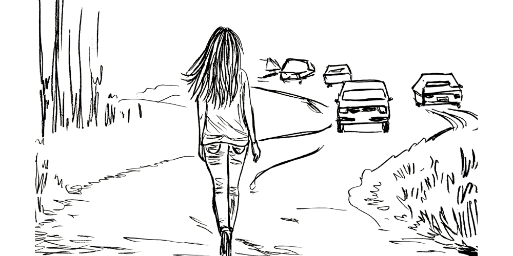 Line art — woman walking slowly on a busy road, cars passing by