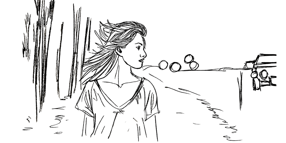 Sketch — woman looking sideways, hair flowing in the wind, cars in the distance