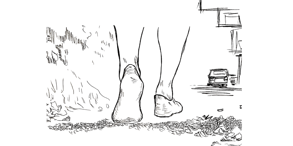 Line drawing of bare feet walking gently on a road with leaves