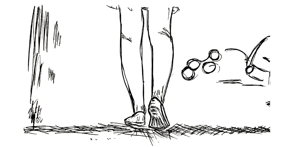 Journal illustration — slow walking legs, reflecting on pace and presence