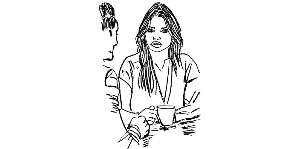 Line art — person breathing deeply after a long day, returning to myself after a chaotic day