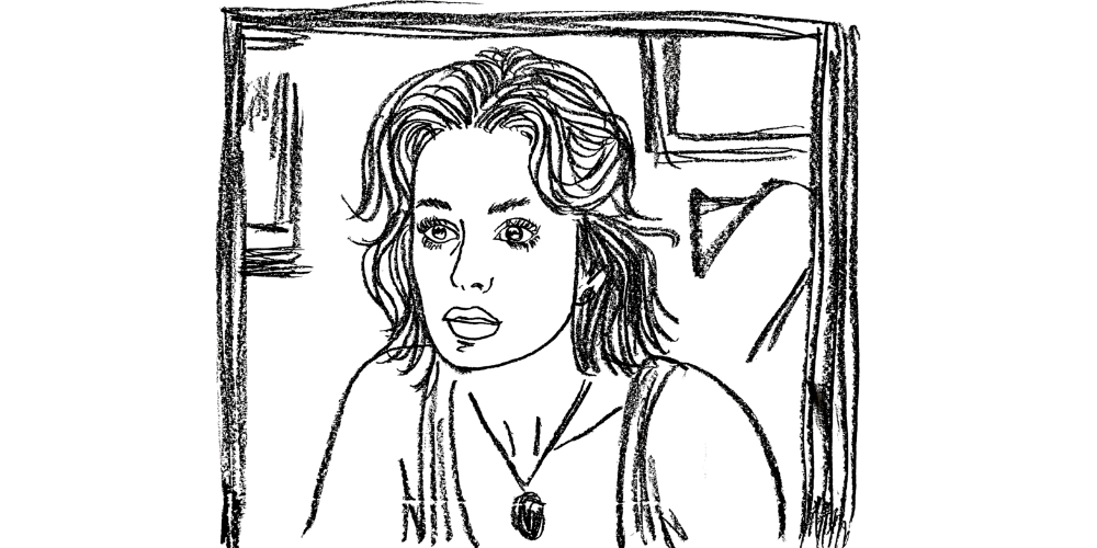 Line art — woman seated in a calm space, reflecting