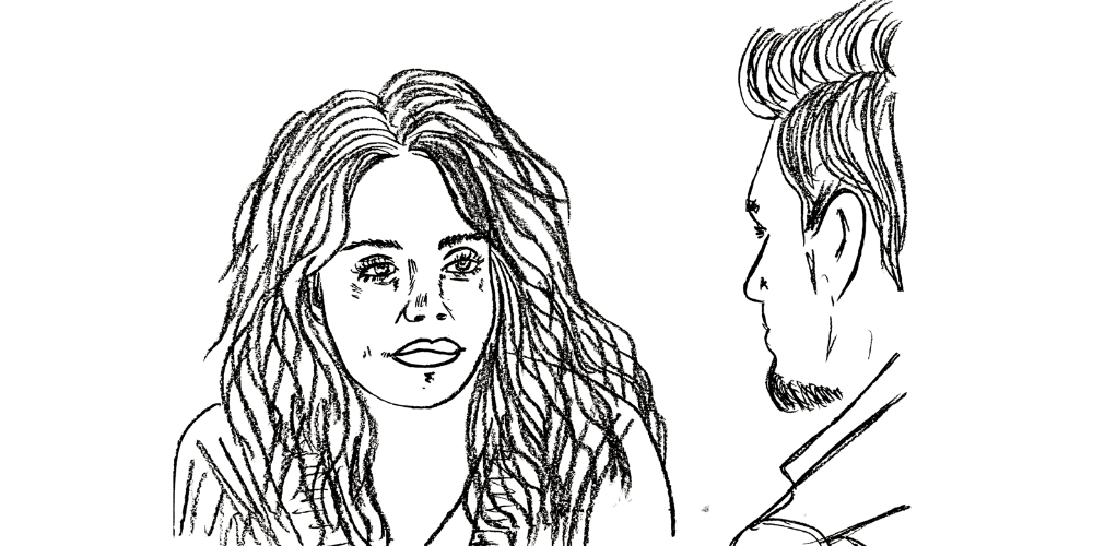 Line art — woman speaking openly with another person