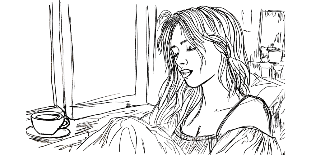 Line art — woman sitting by the window with a cup of tea, calm and reflective mood