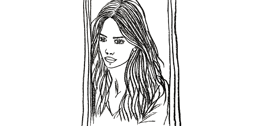 Line art — gentle figure holding heart with both hands, grounded posture