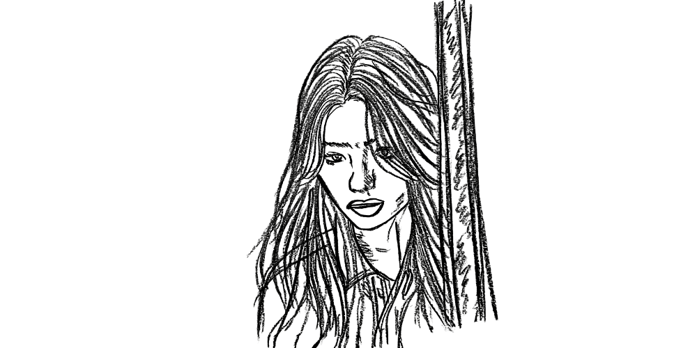 Line art — person with calm expression surrounded by symbolic waves