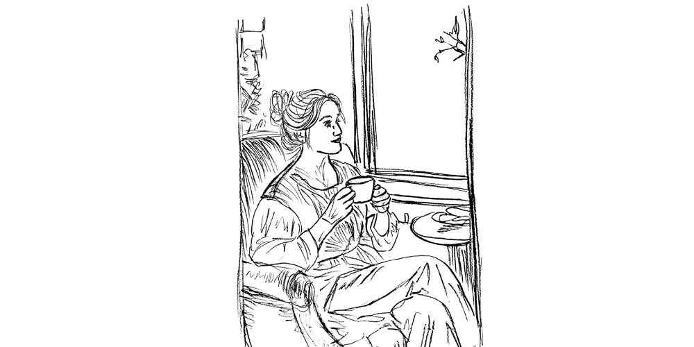 Line art — person journaling softly with a calm posture