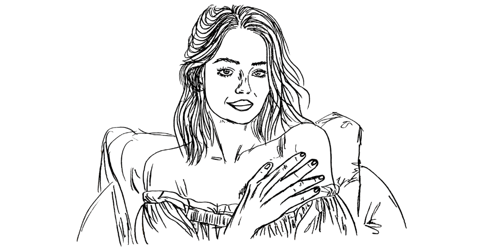 Line art — person resting gently with hand on chest, peaceful expression