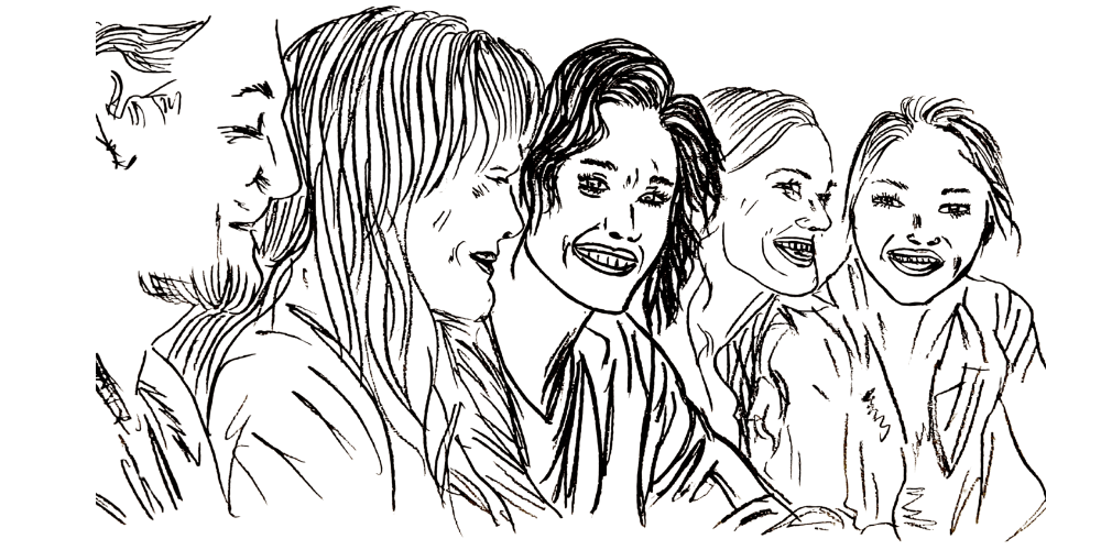 Line art — group of friends laughing naturally, one person relaxed and blending in