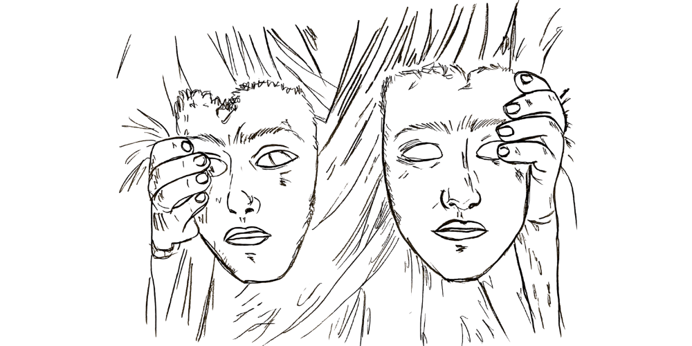 Line art — person holding a theatrical mask, removing layers of performance