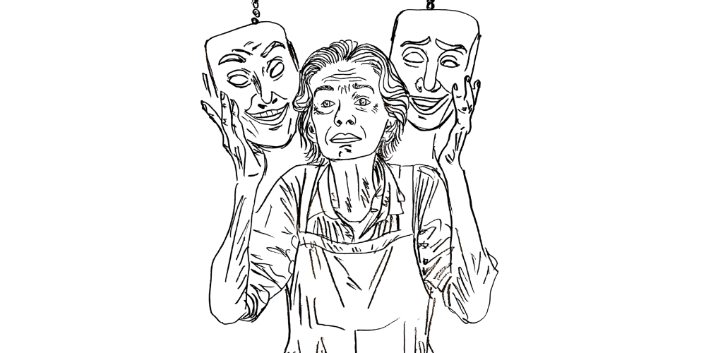 Line art — person surrounded by masks, unsure yet ready to drop performance