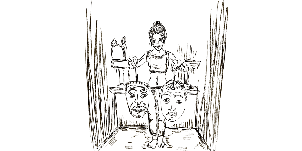 Line art — figure walking through a stage with masks, balancing authenticity and presence