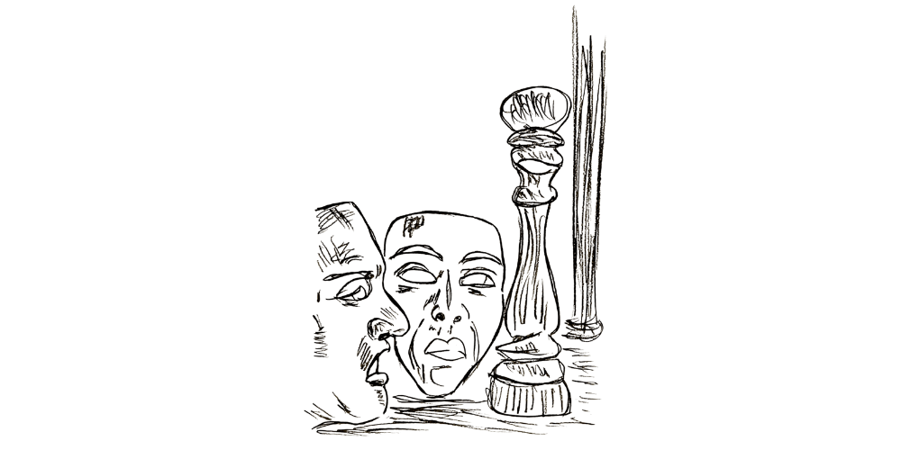 Line art — masks lying on the ground, performance set aside