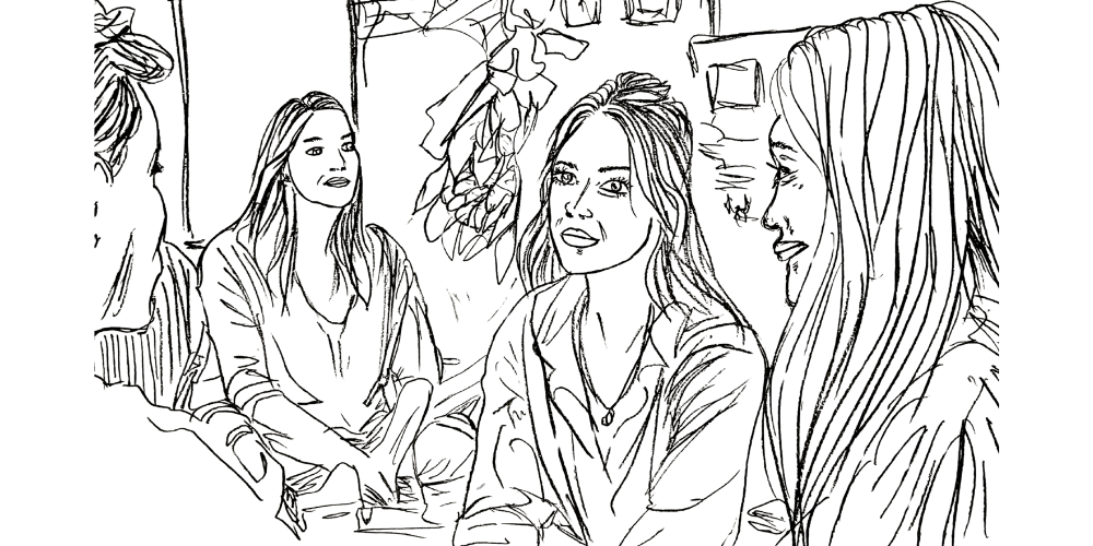 Line art — three women sitting together, symbol of mindful sharing