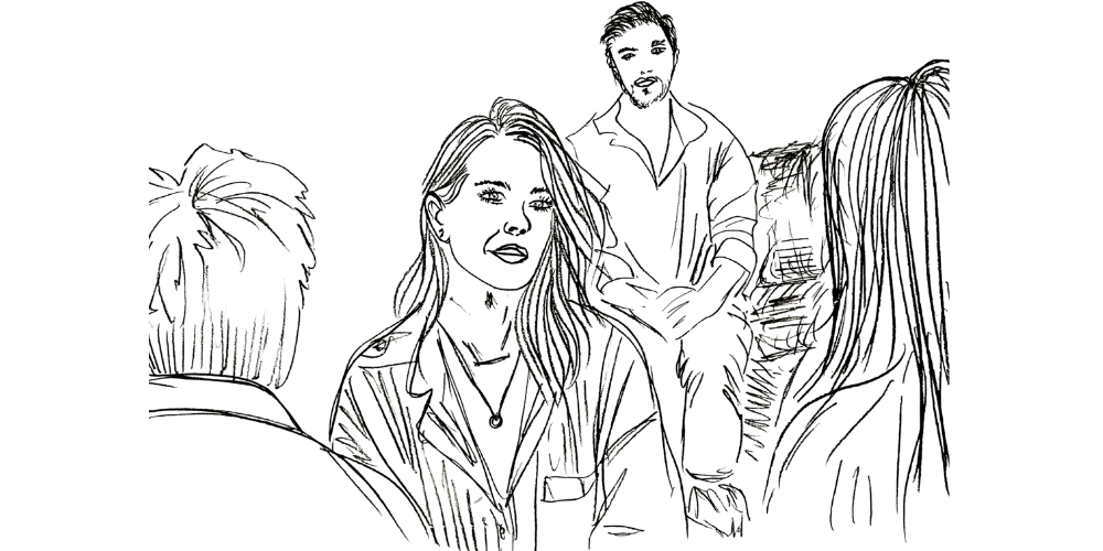 Line art — group of people speaking with attention and listening