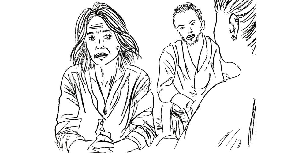 Line art — woman speaking emotionally while others listen