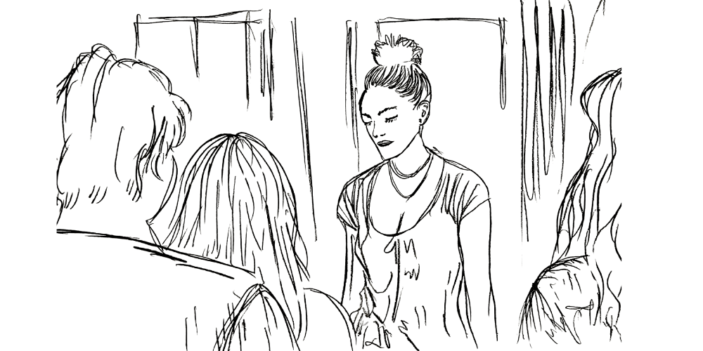 Line art — thoughtful young woman listening in a group