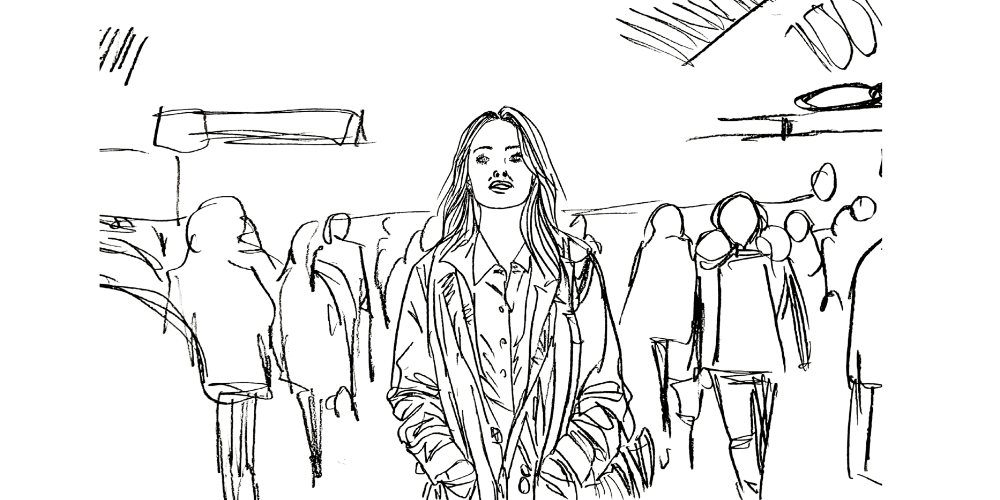 Line art — tree with deep roots, bending but not breaking