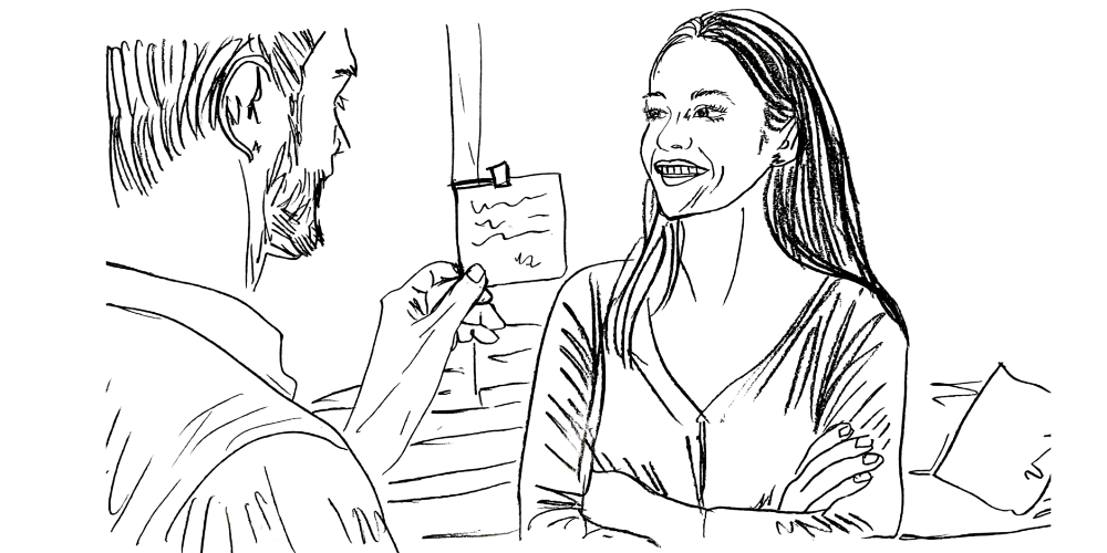 Line art — woman smiling during conversation, symbol of balanced love