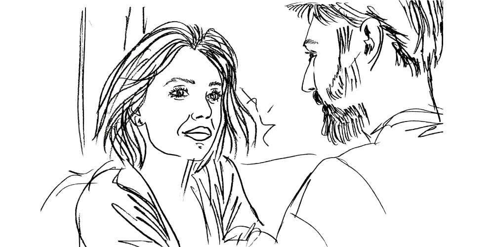 Line art — woman listening attentively to partner, calm presence