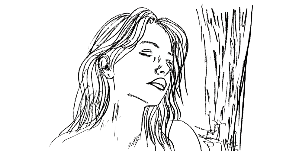 Line art — woman with eyes closed, leaning against tree, peaceful moment