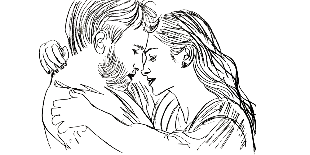 Line art — couple embracing with tenderness, gentle closeness