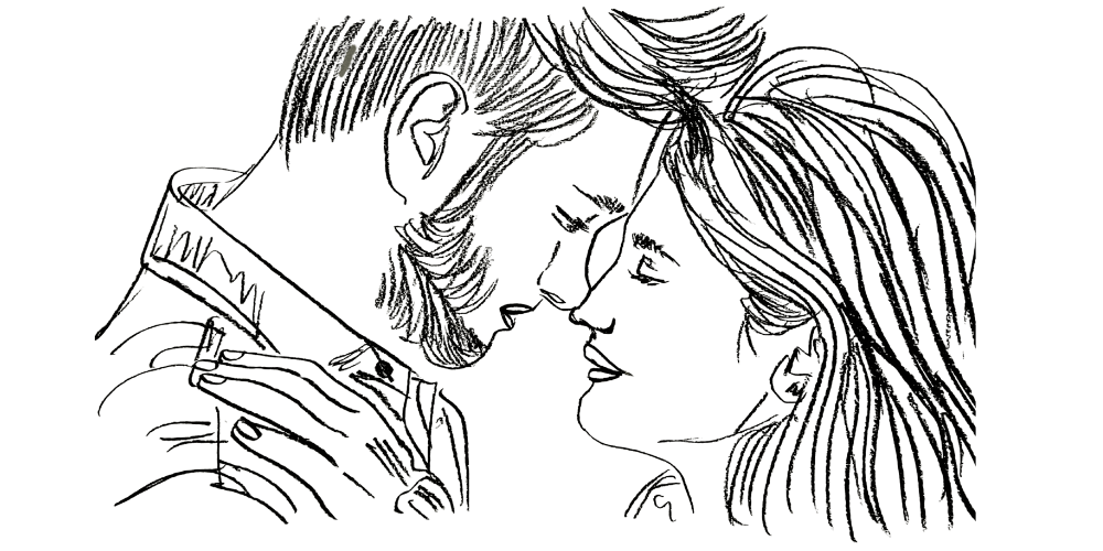 Line art — couple forehead to forehead, calm intimacy