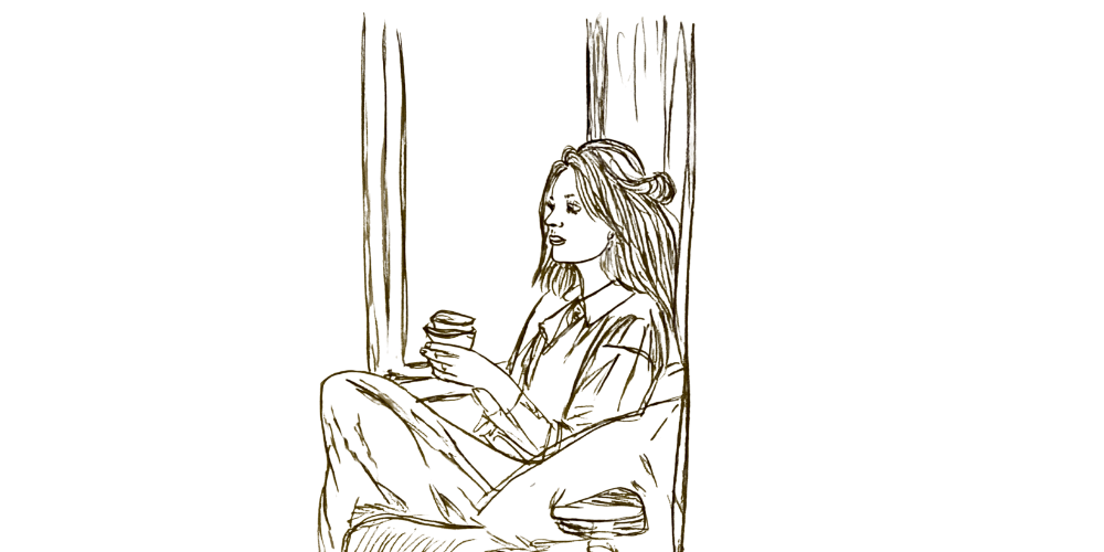 Line art — open notebook beside a calm figure