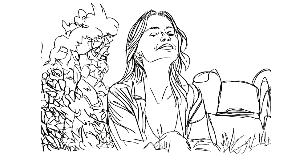 Line art — woman resting peacefully in nature after giving freely