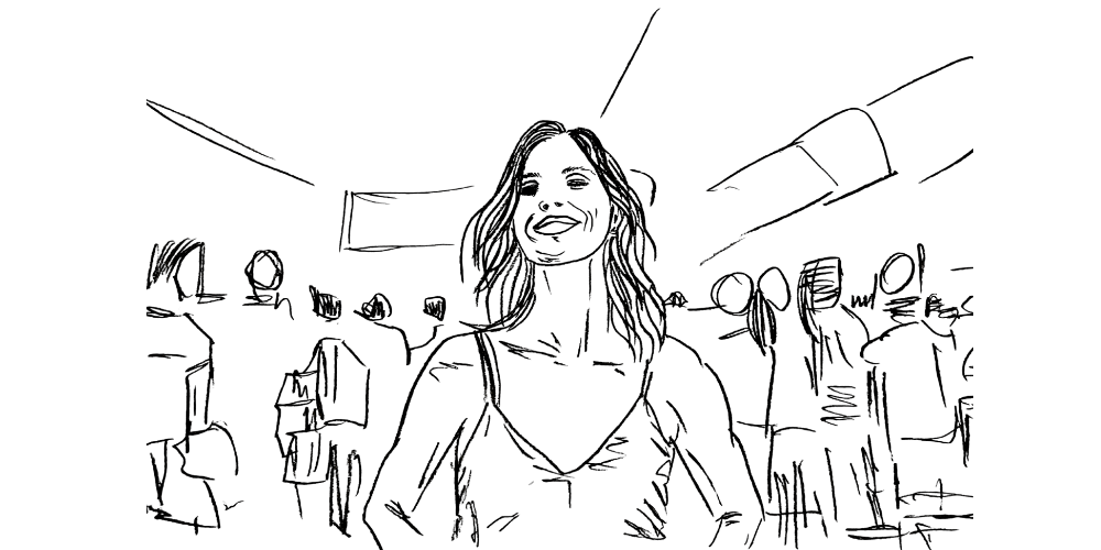 Line art — woman smiling and walking through a crowd, self-contained and peaceful