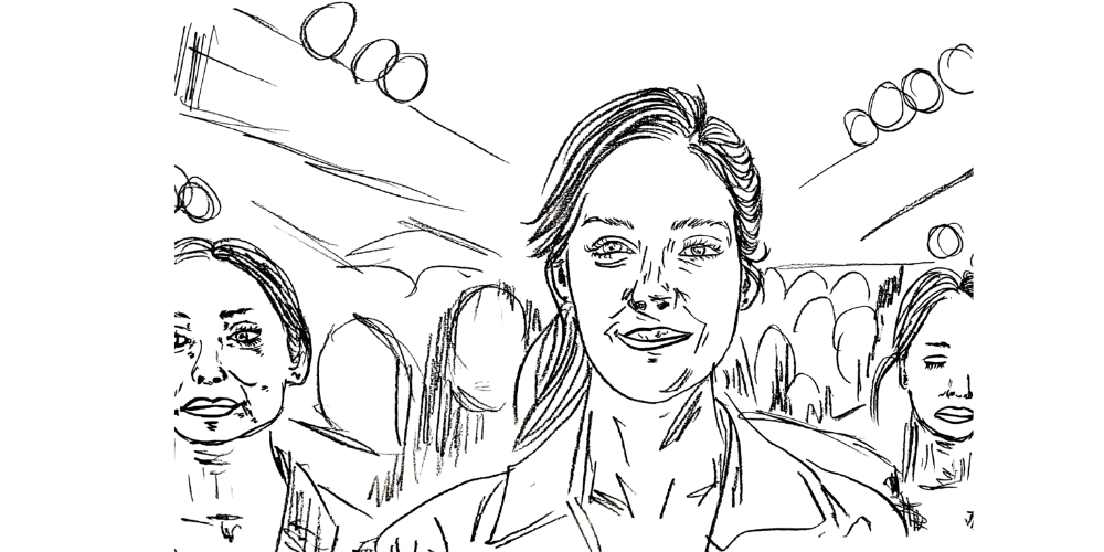 Centered face in a busy scene, calm amid expectations