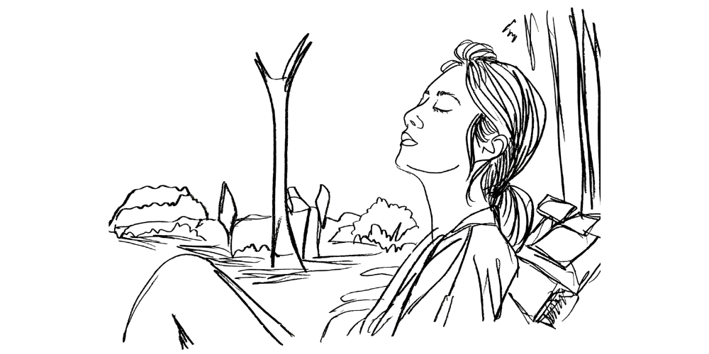 Line art — woman resting peacefully by a window, learning to be loved without earning it.