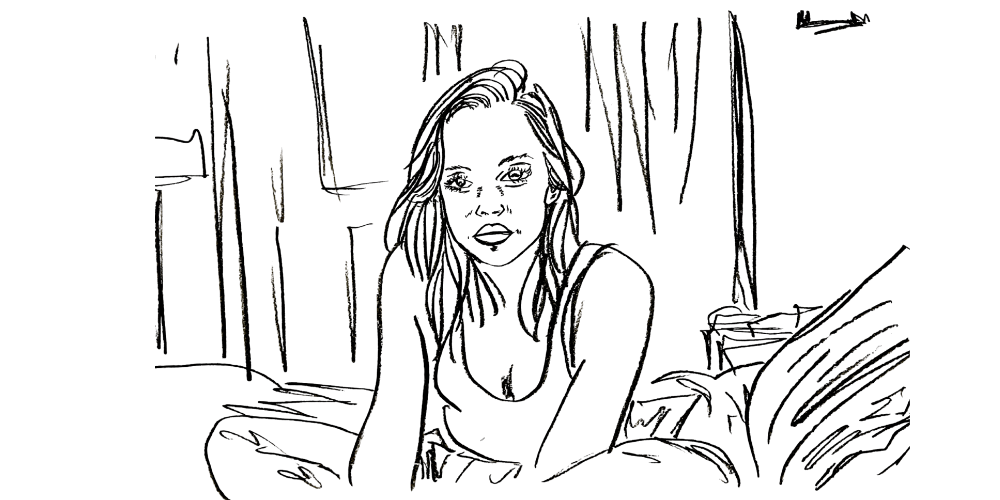 Line art — woman sitting thoughtfully, realizing she no longer has to prove her worth to be loved.