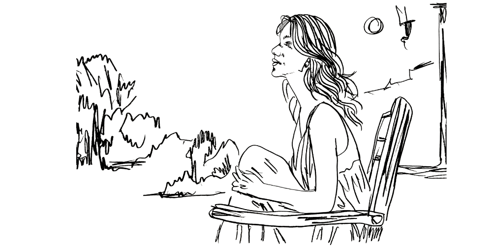 Line art — woman offering a flower with hope, reflecting how we learn love through giving.