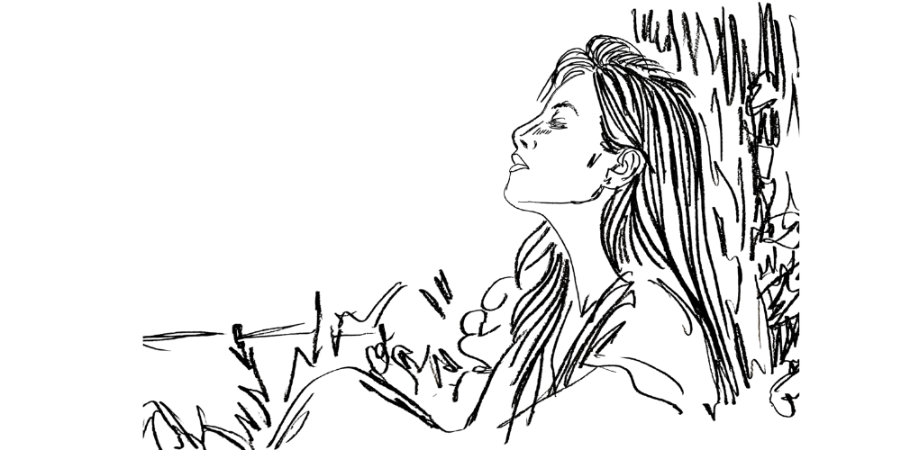 Line art — woman smiling softly, eyes closed, allowing love to enter freely.