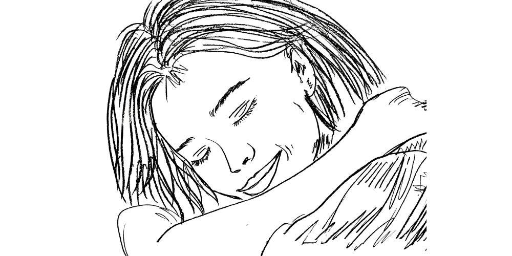 Line art — woman embracing herself gently, symbolizing self-love and acceptance.