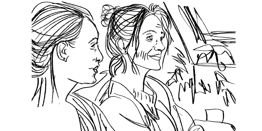 Line art — two people talking gently, symbolizing connection with boundaries.