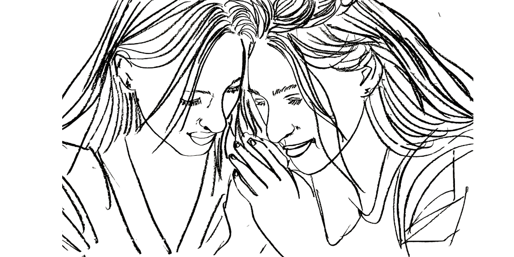 Line art — two women leaning close, sharing empathy without merging energies.