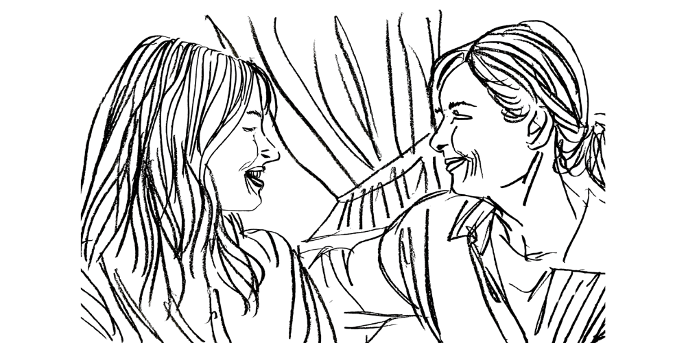 Line art — two people smiling warmly, reflecting balanced connection and trust.