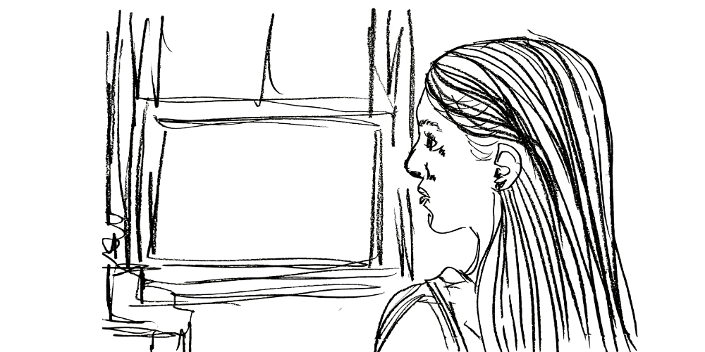 Line art — woman standing near a window, contemplating presence and limits.