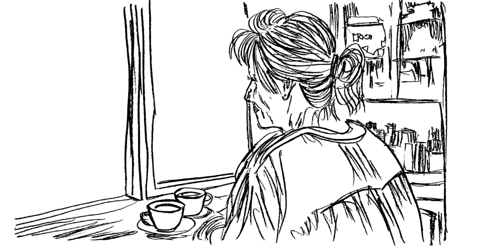 Line art — woman standing peacefully in soft light, protecting her energy with calm presence