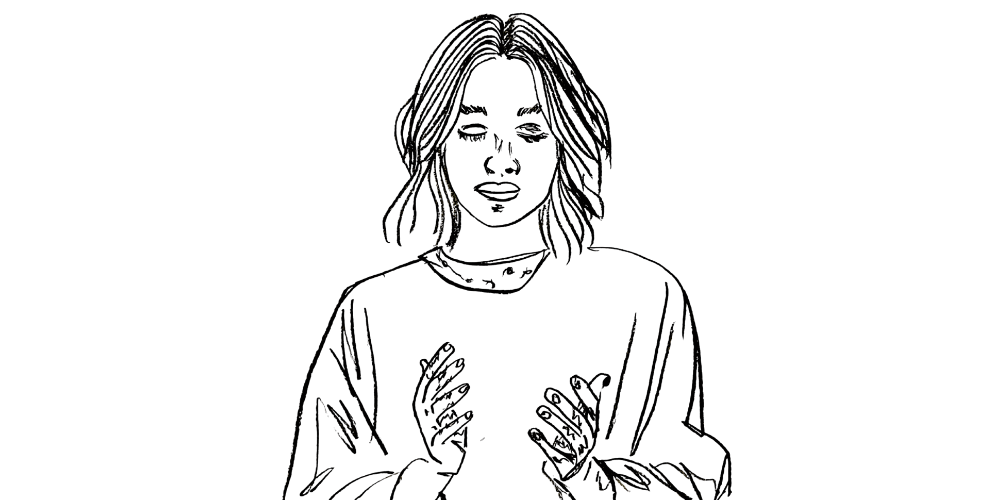 Line art — woman surrounded by transparent soft light, expressing compassion and strength