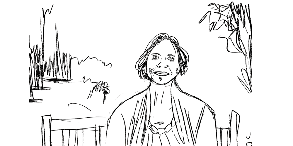 Line art — person journaling calmly under warm light, finding peace in reflection