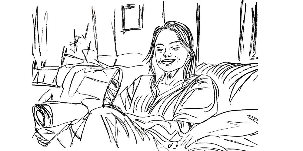 Line art — woman sitting calmly with a book in her hands, feeling peaceful and grounded