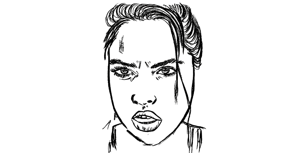 Line art — woman looking directly forward with a confident, calm expression